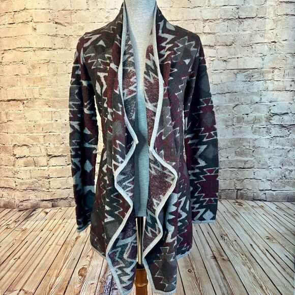 Lucky Brand Aztec Flyaway Waterfall Cardigan Sweater Red Gray Fuzzy Size Small